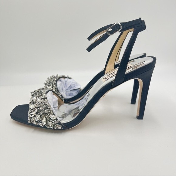 Badgley Mischka Size 6 Rider Black Satin Jeweled‎ Dress Sandals Heels Shoes - Picture 6 of 14